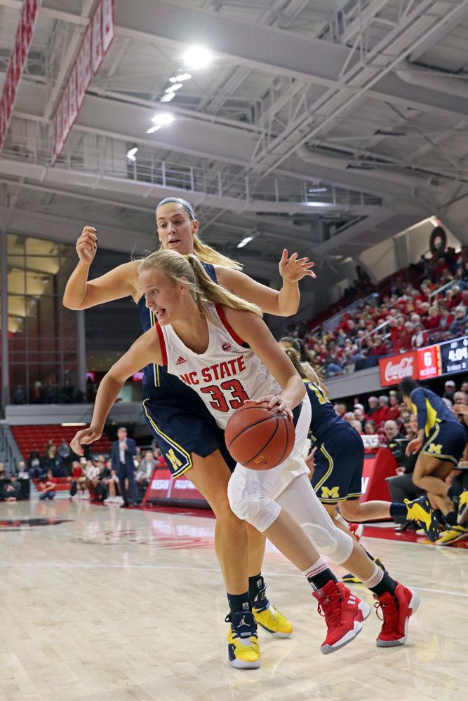 Freshman center Elissa Cunane pushes past Michigan center Hallie Thome into the paint for a layup in Reynolds Coliseum on Thursday, Nov. 29. Cunane had 13 points and four rebounds as the Wolfpack won 66-55.