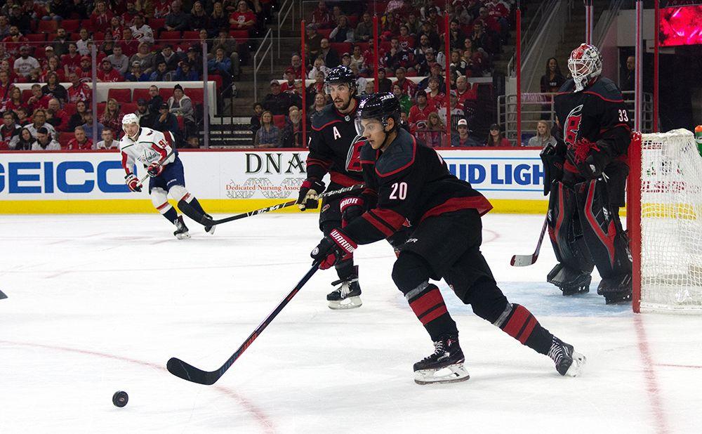 Carolina Hurricanes center Sebastian Aho takes control of the puck in PNC Arena against the Washington Capitals, Friday, Dec. 14. The Canes lost to the&#160;reigning champs in overtime, 6-5.