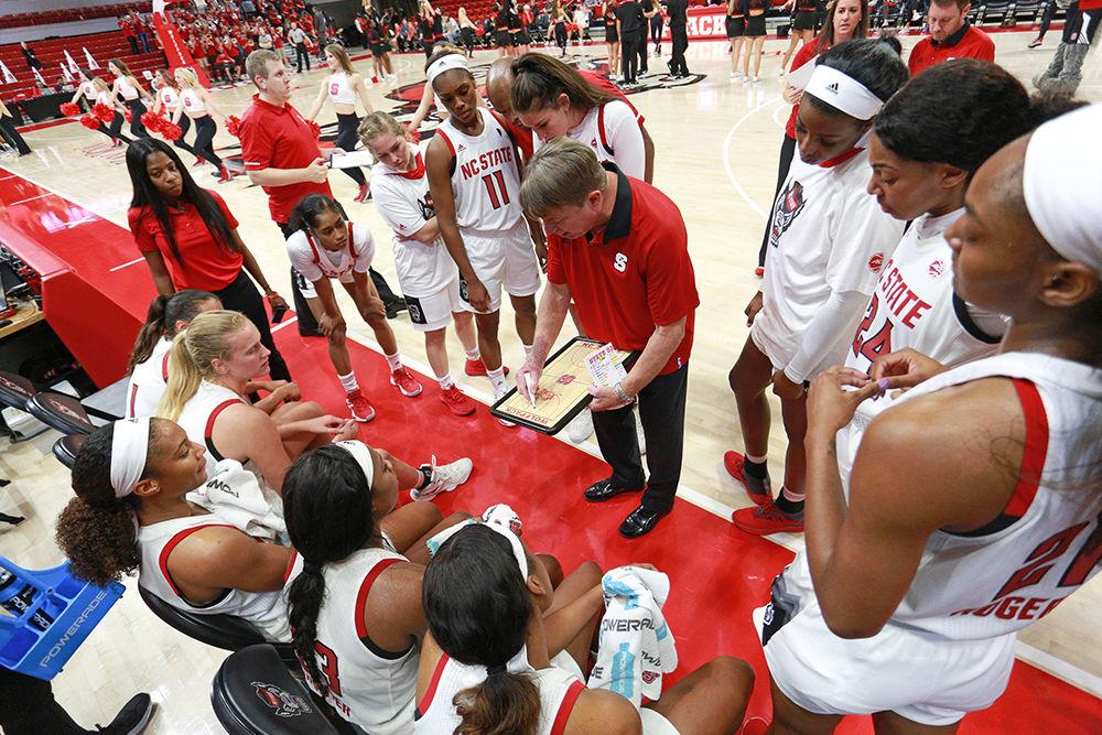 Head coach Wes Moore&#160;talks to the team at a timeout during the 83-57 win in exhibition over Anderson University on Thursday, Nov. 1 in Reynolds Coliseum.