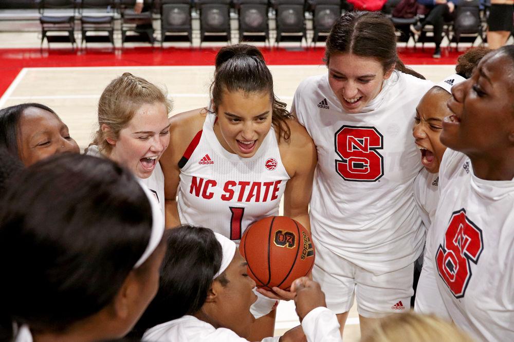 NC State Women&#8217;s Basketball gets excited before playing Michigan in the ACC-Big Ten Challenge in Reynolds Coliseum on Thursday, Nov. 28. The Wolfpack won 66-55.