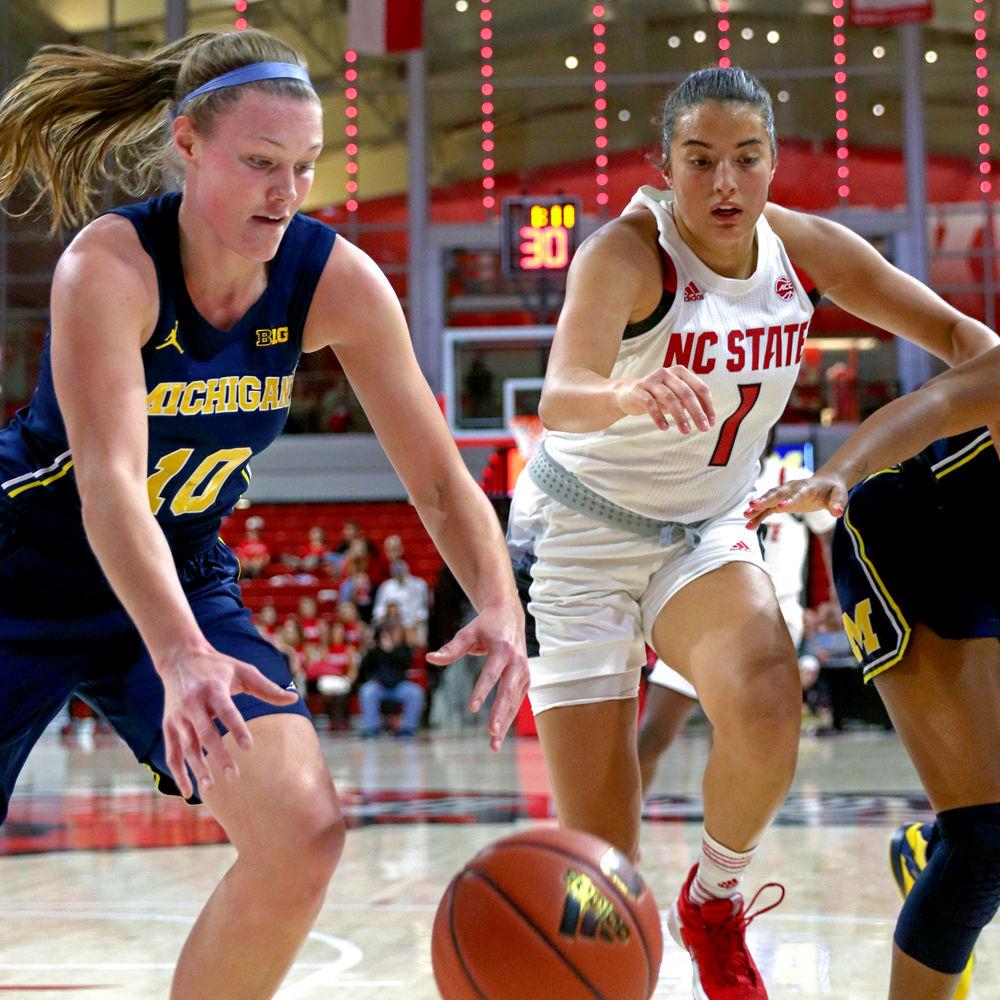 Junior guard Aislinn Konig chases a loose ball against Michigan guard Nicole Munger in Reynolds Coliseum on Thursday, Nov. 29. Konig had 6 points and six assists as the Wolfpack won 66-55.