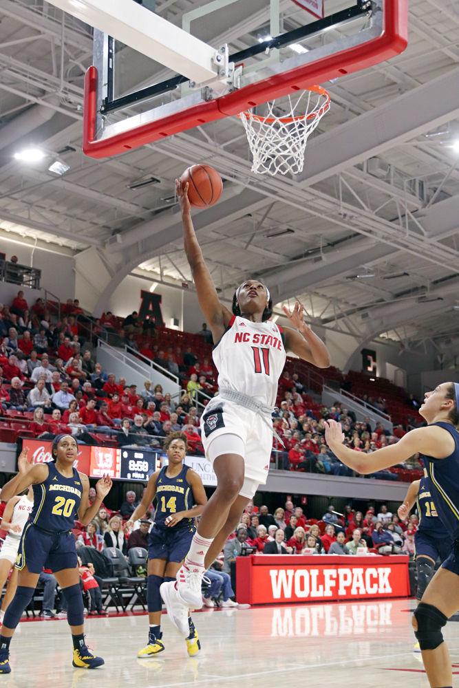 Graduate guard Kiara Leslie goes up for a layup in Reynolds Coliseum on Thursday, Nov. 29. Leslie recorded 15 points and eight rebounds as the Wolfpack won 66-55.