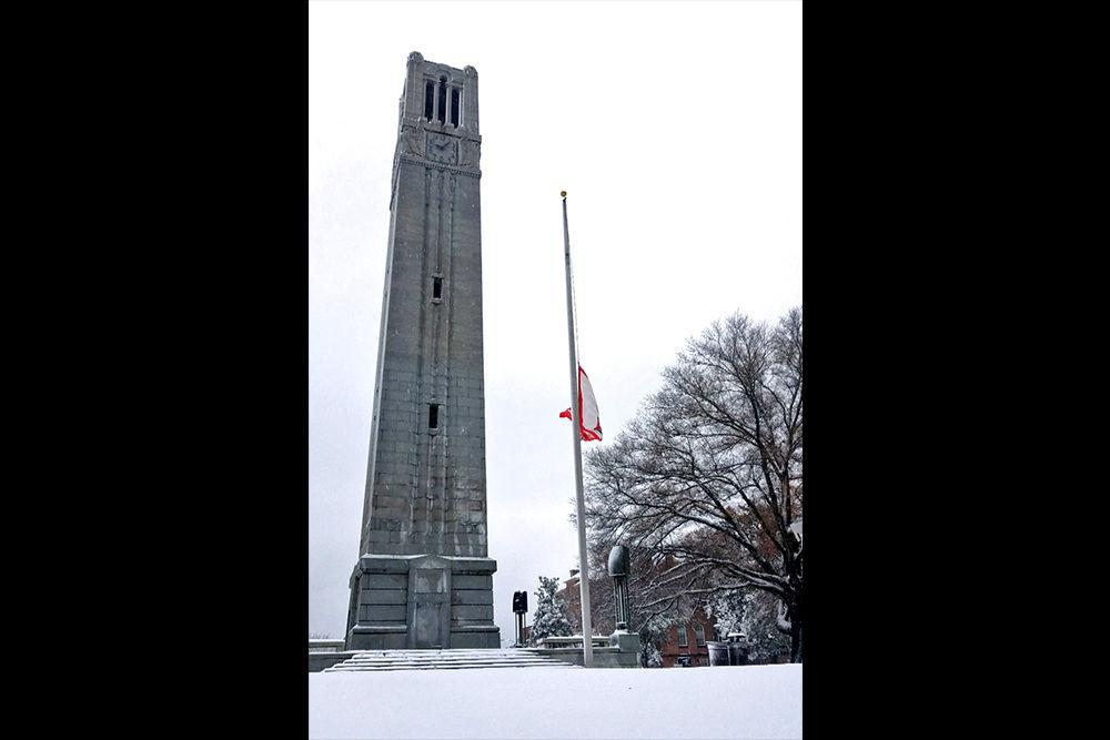 Snow covers the area surrounding the Memorial Belltower on Sunday, Dec. 9.&#160;
