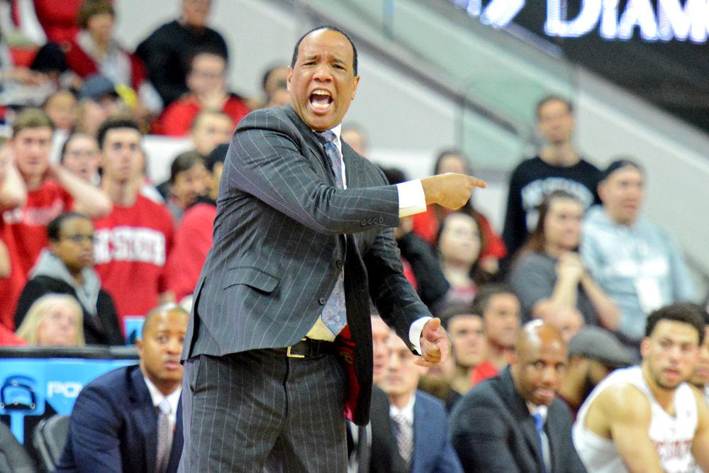 Head Coach Kevin Keatts yells to his defense on Saturday, Jan. 12 at PNC Arena. The Wolfpack beat Pittsburgh 86-80.