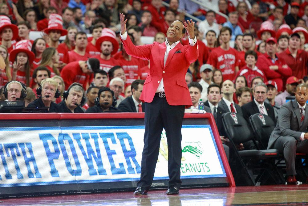 Head coach Kevin Keatts reacts in disappointment to the turnover committed by redshirt sophomore guard Devon Daniels immediately after a timeout on Tuesday, Jan. 8 in PNC Arena. The Wolfpack only committed 13 turnovers but the inability to hit the three-point shot proved costly as the Wolfpack fell 90-82 to UNC-Chapel Hill.