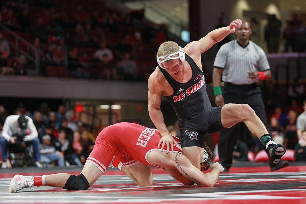 Redshirt sophomore and No. 4 in the 157 weight class Hayden Hidlay avoids the takedown by No. 5 Tyler Berger. Hidlay lost the bout 5-2. The No. 7 Wolfpack were able to defeat No. 11 Nebraska by tying the score int he last bout and finishing 18-17 on Sunday, Dec. 16 in Reynolds Coliseum.