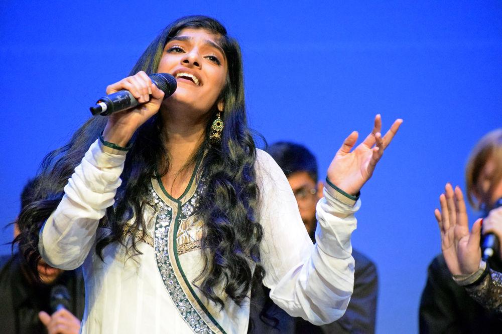 Srichakra Narasimhan, a singer from UT Austin's Hum A Cappella, performs with her group during Sangeet Saagar 2019 on Saturday, Jan. 19 at Stewart Theatre. Hum A Cappella won first place in the competition.