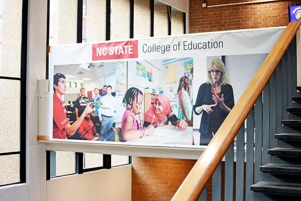 A banner advertising the NC State University College of Education hangs in the entrance to Poe Hall on Aug. 30, 2017. Poe Hall is home to the education school at NC State as well as the psychology department and STEM education.