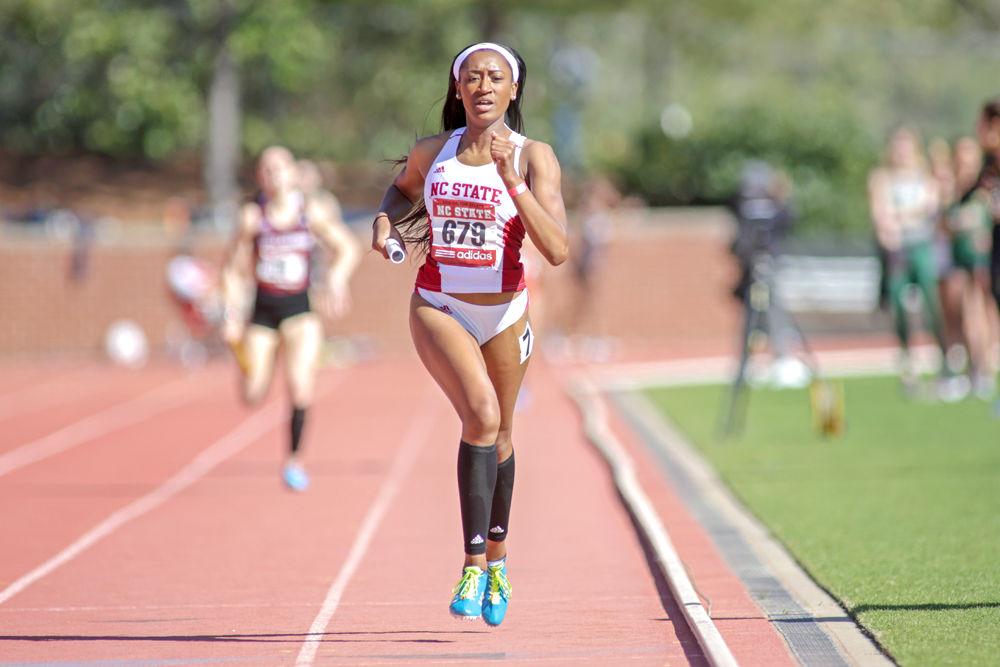 Freshman Alexis Postell eyes the finish line as the anchor for women's 4x400m in the Raleigh Relays on Saturday, March 31, 2018 at the Paul Derr Track Facility. NC State took second with a 3:42.90, the second-best outdoor performance in that event in school history.