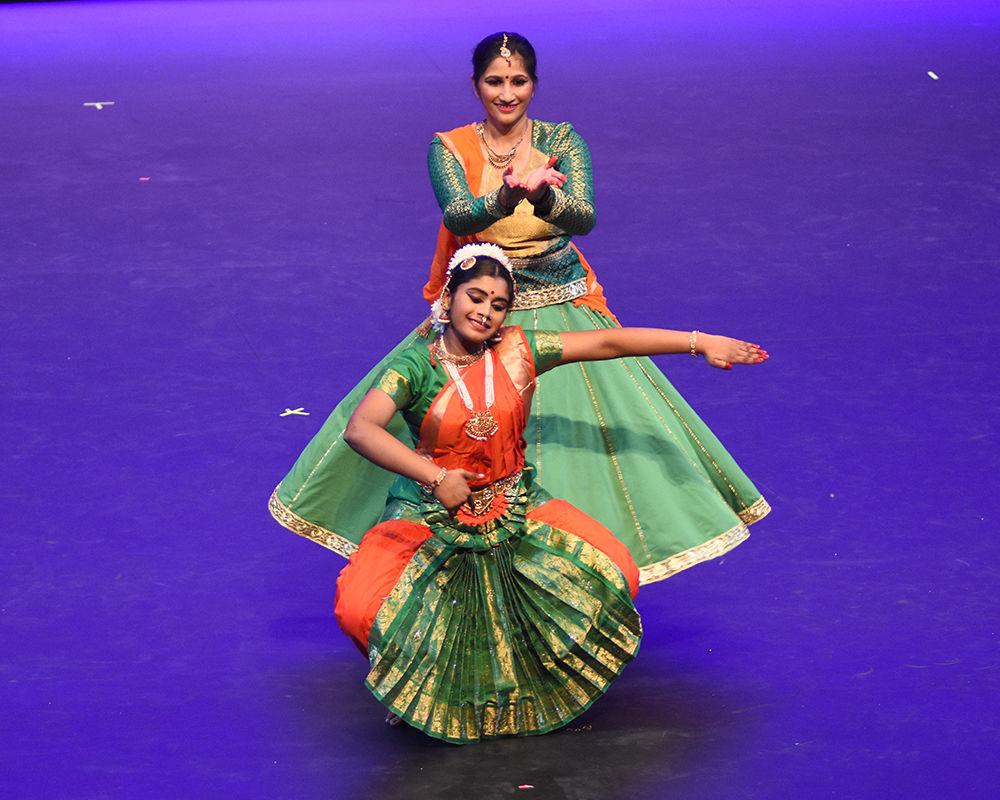 Arya Rao and Meenakshi Menon, both exhibition dancers for Navarasa 2019 who studied at the Nritya Mayananda School of Dance, perform two types of dance together. Navarasa took place at Stewart Theatre on Saturday, Jan. 26. All of the proceeds for the event went towards Child Rights and You, also known as CRY.