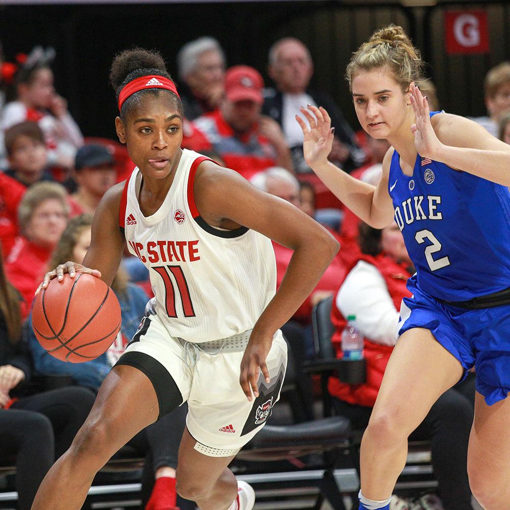 Graduate guard Kiara Leslie&#160;drives toward the interior against Duke on Jan. 3 in Reynolds Coliseum. Leslie led the team with two blocks while putting up stats in every category. The Pack defeated Duke 63-51 to tie the best start in school history.