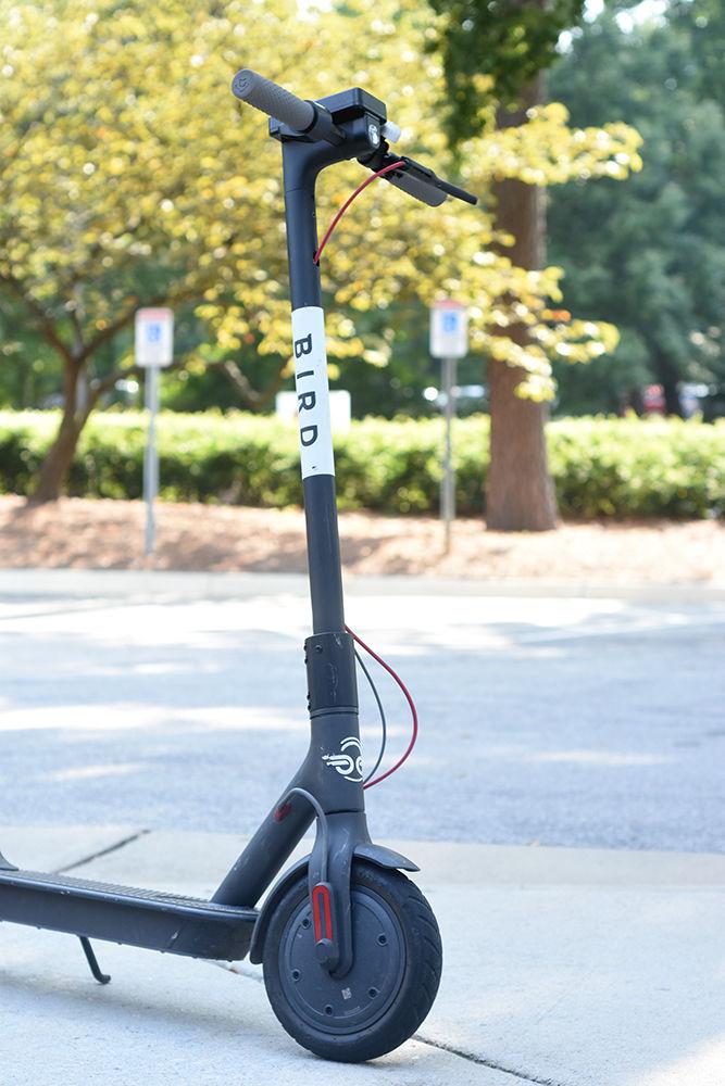 A Bird scooter is seen parked outside of the Weisiger-Brown Athletic Facility on Aug. 28. The electrically powered scooters are part of a vehicle sharing program, which has been established in cities across the U.S., including Raleigh. Some Bird scooters can be seen around NC State's campus.