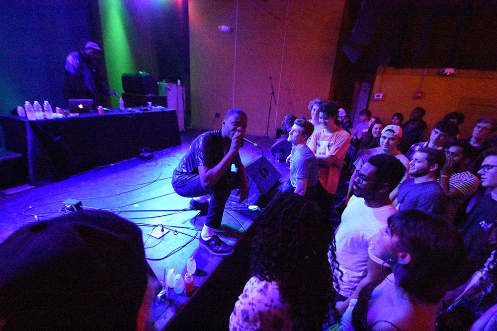 Charlotte based hip-hop artist Well$ raps to his audience during the first night of Double Barrel Benefit hosted at Kings in downtown Raleigh on Friday, Feb. 2, 2018. Double Barrel Benefit is a concert hosted by NC State&#8217;s student-led radio station, 88.1 WKNC. The proceeds of the concert from admission and merchandise help the radio station stay open and function during the year.