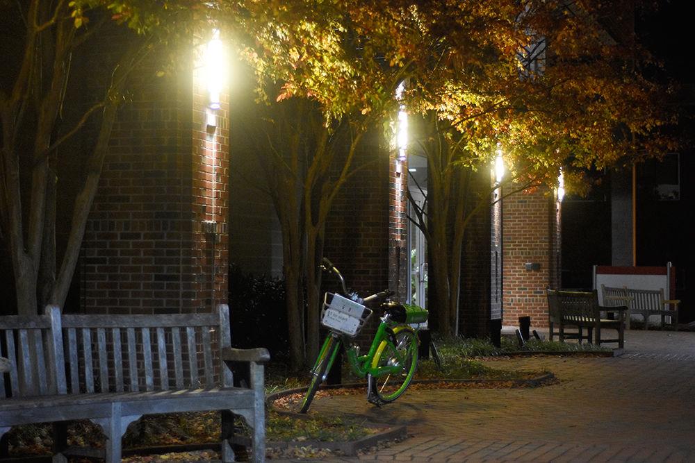 The front of Witherspoon Student Center is brightly lit on Nov. 11, 2018.&#160;