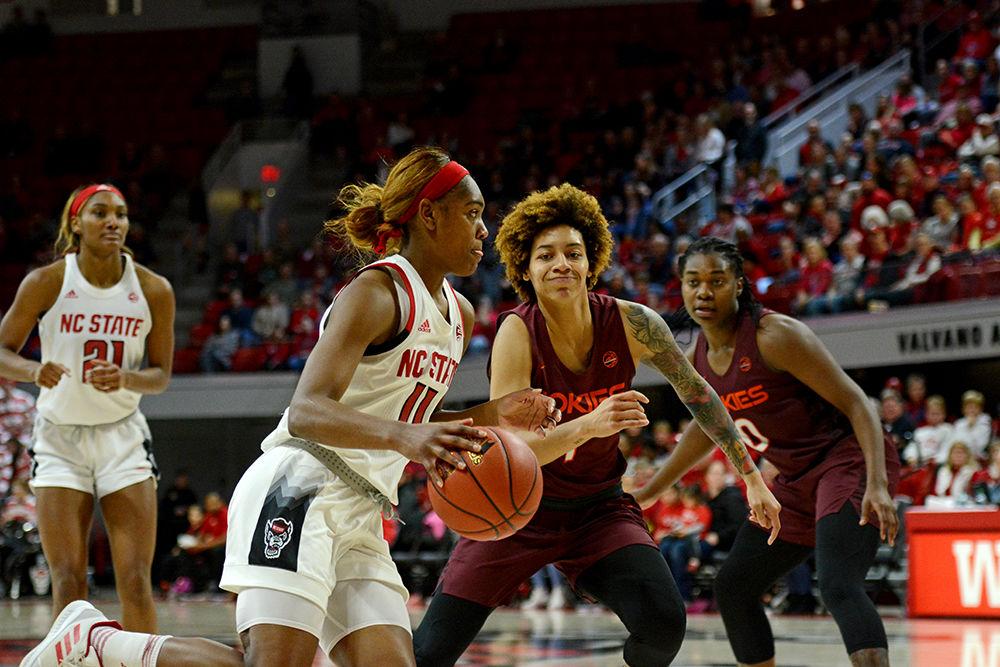 Graduate guard Kiara Leslie drives toward the basket against Virginia Tech on Sunday, Jan. 20 at Reynolds Coliseum.&#160;Leslie recorded a game-high 25 points along with seven rebounds in the Wolfpack&#8217;s 70-61 overtime win.