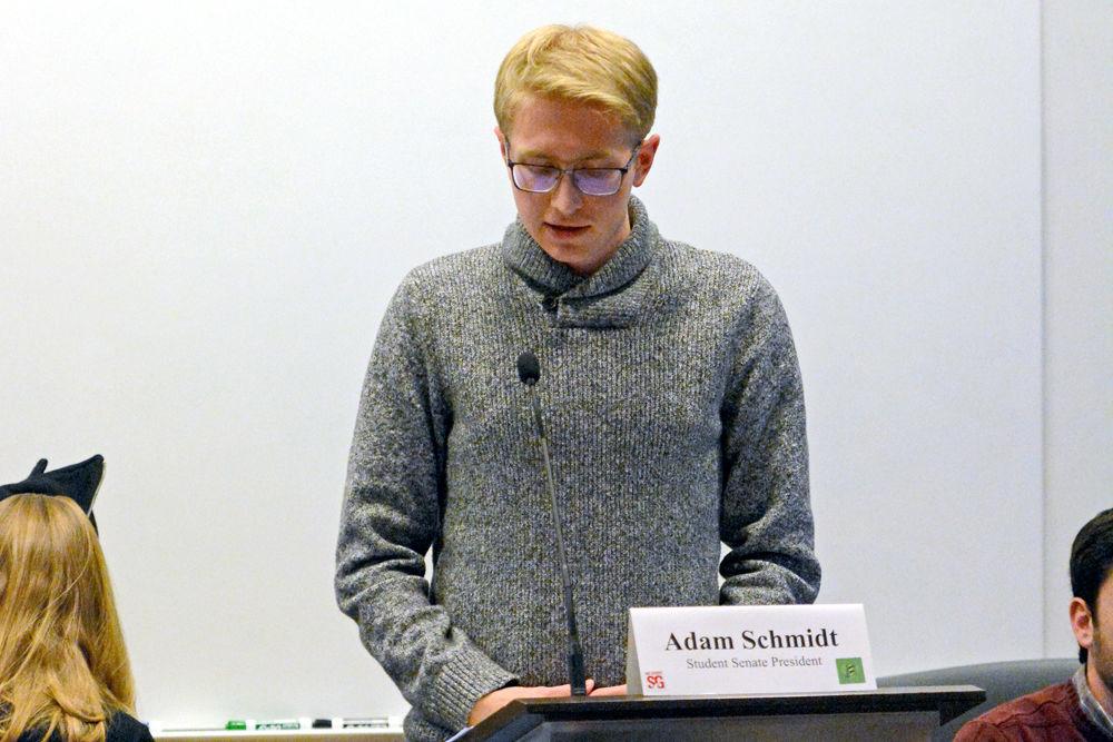 Student Senate President Adam Schmidt, a fourth-year studying civil engineering, speaks at the Student Senate meeting on Wednesday, Nov. 28, 2018 at Talley Student Union.
