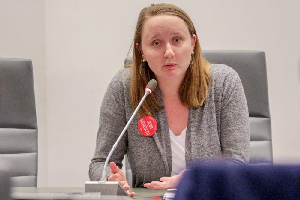 Presidential candidate Jess Errico, a fourth-year studying aerospace and mechanical engineering, addresses the debate panel on Wednesday, Feb. 28, 2018 in the Student Senate chambers in Talley Student Union.
