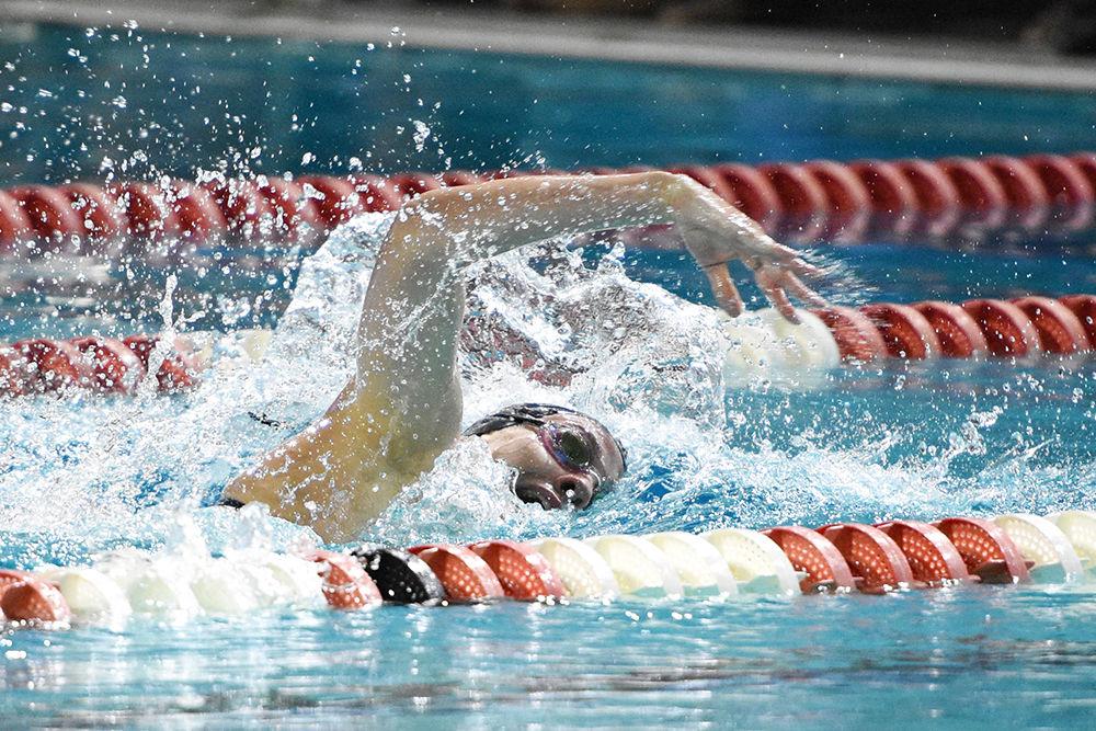 Sophomore Brook Rubendall swims freestyle in an exhibition round during the meet against UNC-Chapel Hill on Saturday, Jan. 19, 2019 at Casey Aquatic Center. Rubendall had a final time of 1:52.77, the Wolfpack women's swimming and diving team beat UNC 193-101.