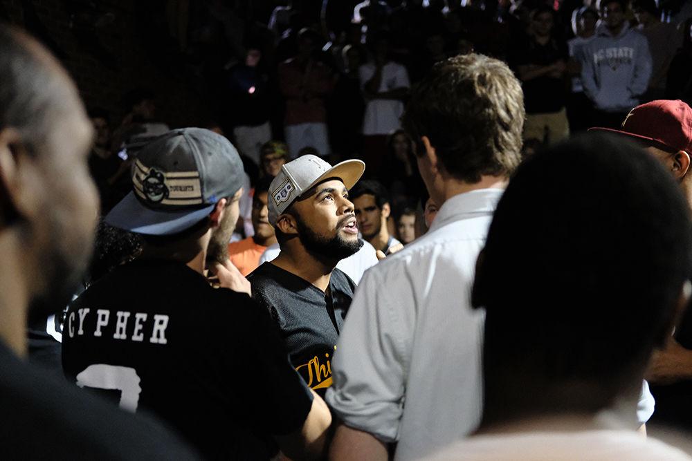 Battle Rapper DMT faces off against opponent Anderson Burrus in the 7th Annual Cypher at the Free Expression Tunnel on Monday, Aug. 27. The two rappers battled for three rounds back and forth with the crowd surrounding them. DMT went first, each battling for about two minutes.