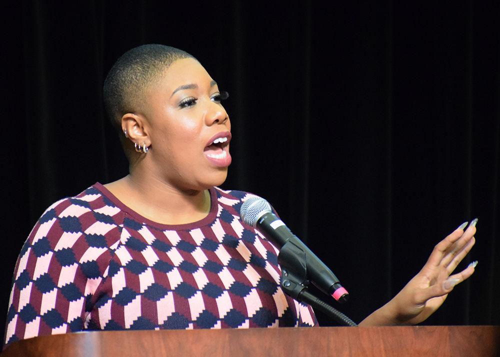 Strategist, communicator and commentator Symone Sanders address the crowd on Thursday, Jan. 17 at McKimmon center. Symone spoke about achieving equity as part of the Martin Luther King Jr. Campus Commemoration event.