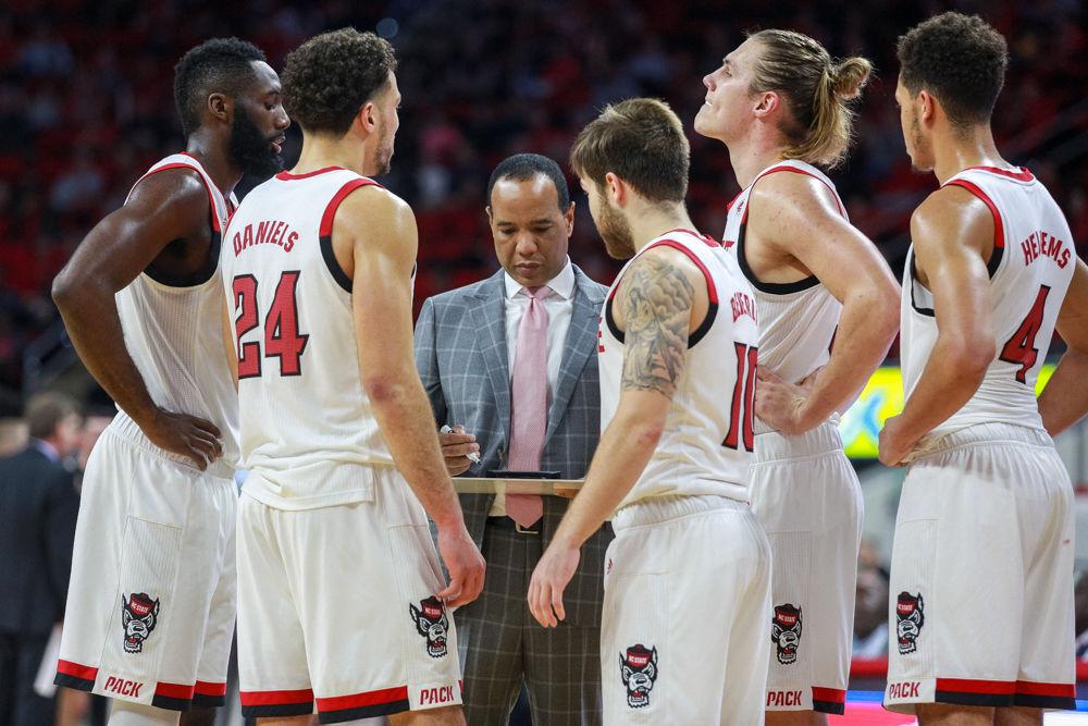 Head coach Kevin Keatts talks to his team at a break in the action during the 98-71 win over USC Upstate on Saturday, Dec. 22 in PNC Arena.