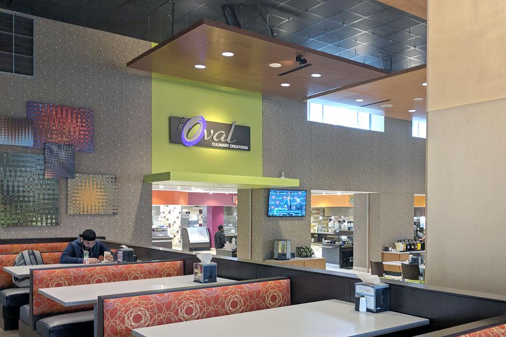 On the Oval is one of the few dining places on Centennial Campus. It has 5 options: Cold Fusion Salads and Deli, Fahrenheit, Flashpoint Global, Newton's Grill and Gravity Cafe.