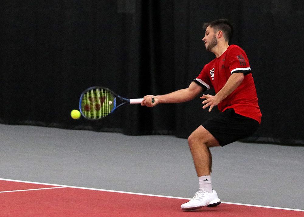 Junior Alexis Galarneau returns the ball on Feb. 24, 2019 at J.W. Isenhour Tennis Center. Galarneau beat Jason Kros of Virginia Tech in two sets where the Wolfpack won 4-1.