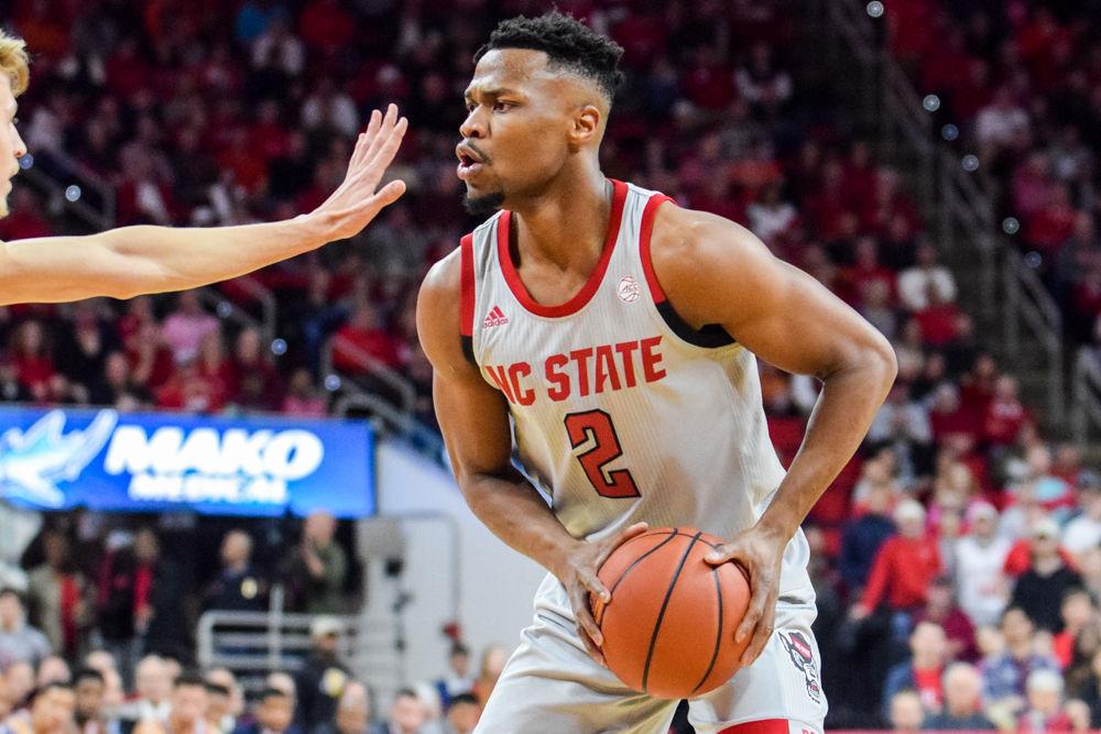 Redshirt senior guard Torin Dorn prepares to drive the ball to the basket against Syracuse on Wednesday Feb. 13, 2019 in PNC Arena. Dorn got his fifth double-double of the season, totaling 16 points and 12 rebounds.