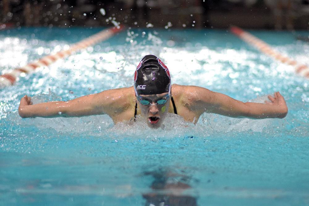 Kylee Alons, a freshman from Fort Collins, Coloroado, swims in the 200-yard butterfly against Virginia&#160;at Casey Aquatic Center on Saturday, Jan. 26, 2019. with a final time of 1:57.03. NC State Women's Swimming &amp; Diving was victorious over the Cavaliers with a final score of 167-127.