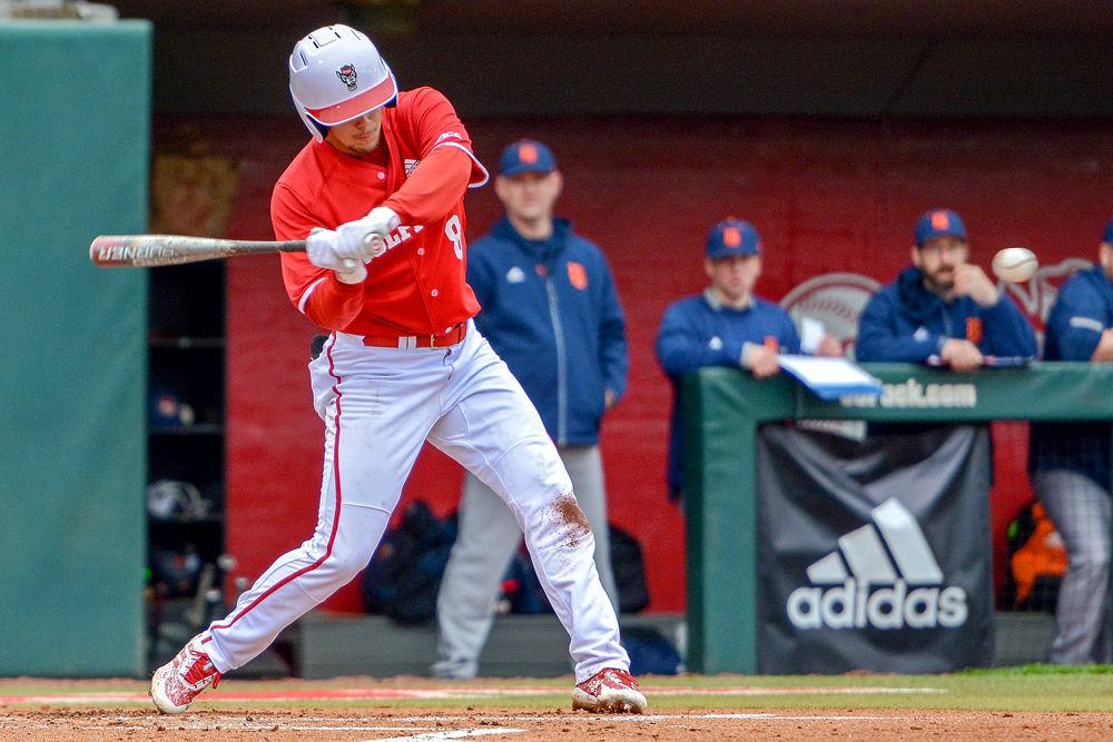 Junior infielder Will Wilson hits a home run against the Bucknell Bison on Saturday, Feb. 16, 2019 at Doak Field. Wilson went 2-3 with one home run, three runs batted in and two runs scored in the Wolfpack&#8217;s 14-2 win.