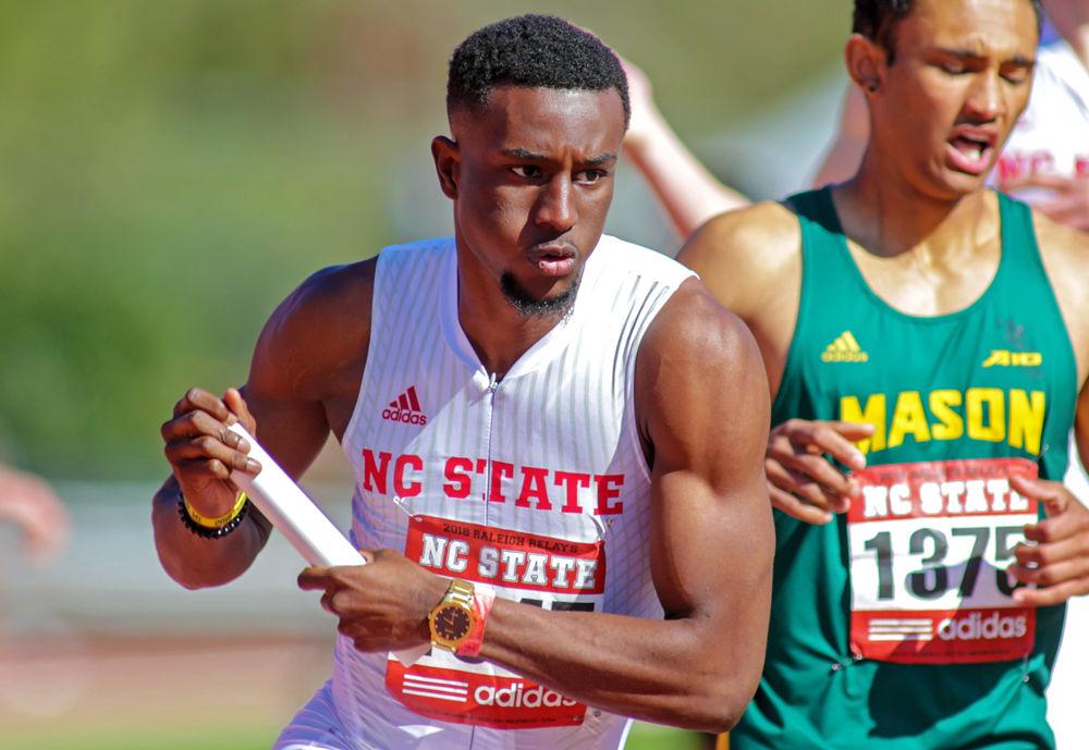 Sophomore Cravont Charleston competes in the Raleigh Relays on Saturday, March 31, 2018 at the Paul Derr Track. NC State placed sixth in the men's 4x400m with a 3:16.47.