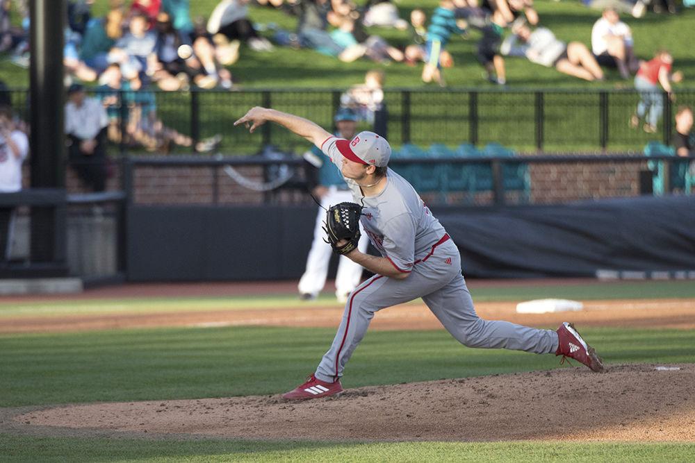 Redshirt sophomore pitcher Dalton Feeney pitches to the Coastal Carolina University Chanticleers for the final match of the Baseball at the Beach series in Conway, South Carolina, Sunday, Feb. 24. The Pack won in the eleventh inning, 7-6, making the current season record 7-0.&#160;