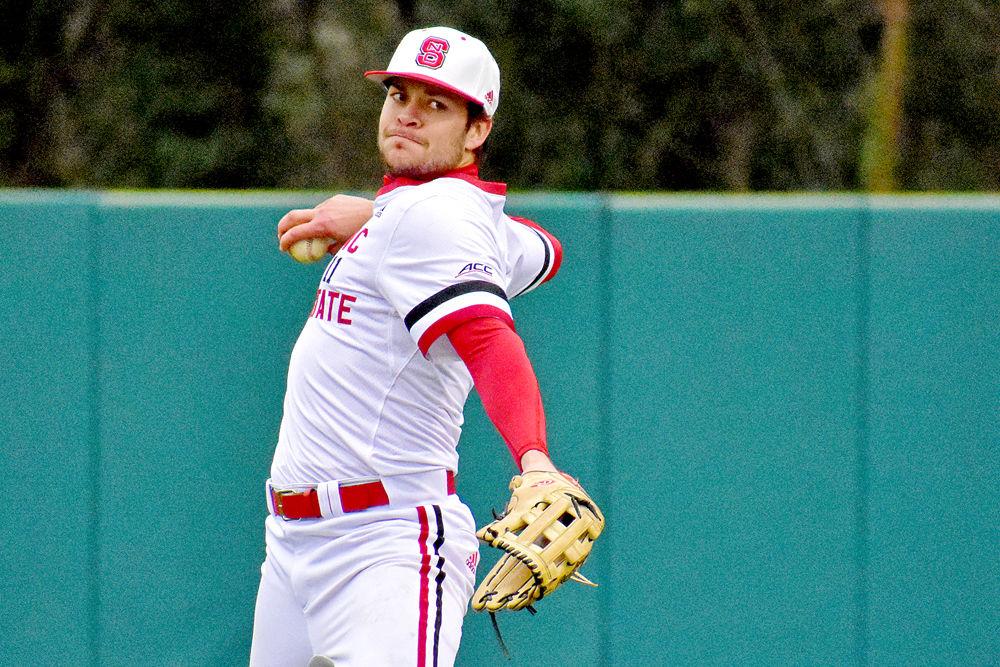 Junior outfielder Lawson McArthur throws the ball at Doak Field on Sunday, Feb. 17, 2019. McArthur went 1-1, hitting one grand slam and drawing one walk as NC State beat Bucknell 12-8.