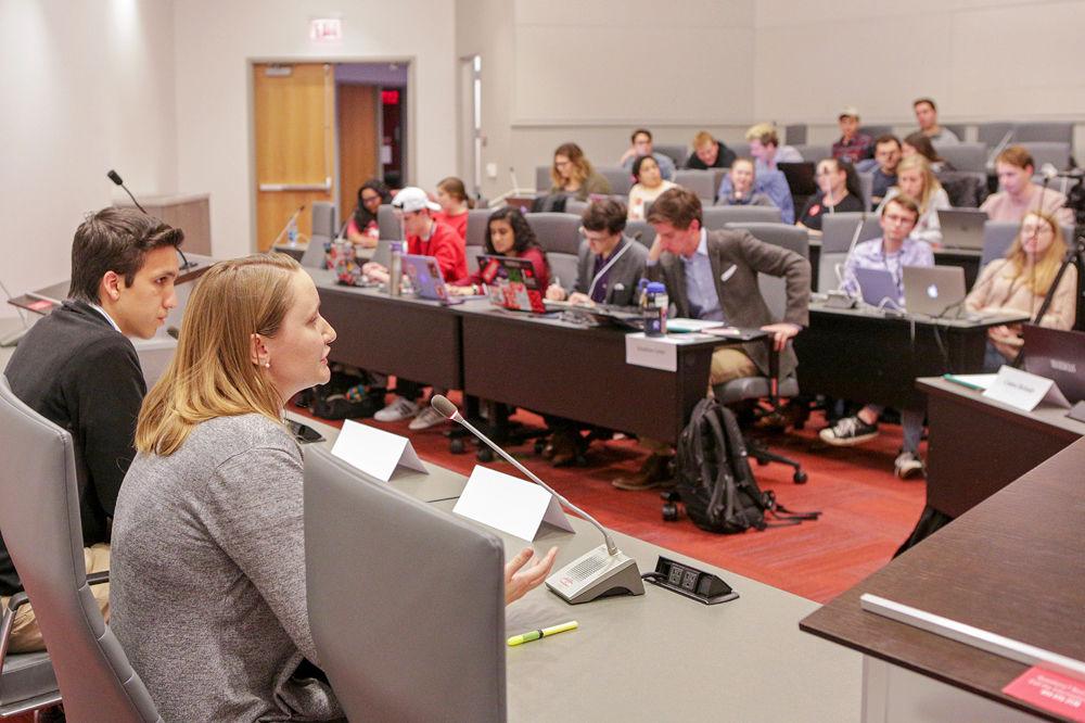 Presidential candidates Jess Errico, a fourth-year studying aerospace and mechanical engineering and Alberto Quiroga, a fourth-year studying aerospace engineering, participate in the 2018 student body presidential debate on Wednesday, Feb. 28, 2018 in the Student Senate chambers of Talley Student Union. This year&#8217;s debate will occur this Thursday, Feb. 28, 2019 in Talley 4140 from 6:30-9 p.m.