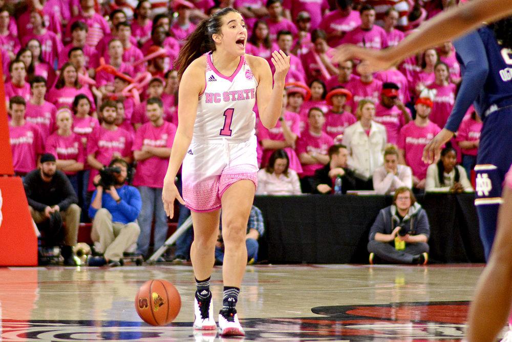 Junior guard Aislinn Konig communicates to her teammates against Notre Dame on Monday, Feb. 18, 2019 at Reynolds Coliseum. Konig totaled nine points, six assists and six turnovers in the Wolfpack&#8217;s 95-72 loss.