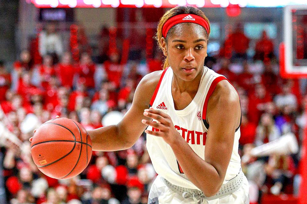 Graduate guard Kiara Leslie drives to the interior against UNC-Chapel Hill on Sunday, Feb. 3 in Reynolds Coliseum. Leslie had a double-double with 17 points and 12 rebounds, but only shot 28 percent for the game, as widespread shooting trouble in the second half lead the Wolfpack to a 64-51 loss.