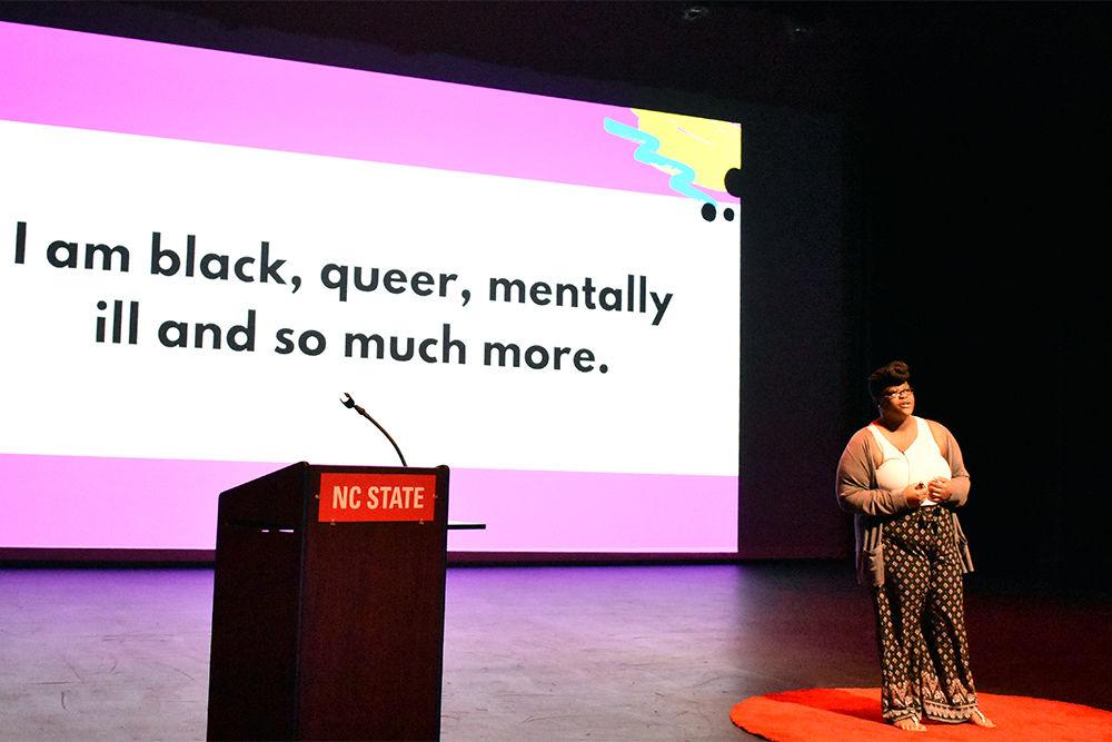 Shantoneeka Zorn, a graduate studying college counseling and student development, speaks at TUFFTalks: In Search of Self on Friday, Feb. 8 at Stewart Theatre. TUFFTalks is an event put on by University Activities Board that gives students a platform to reflect and tell their stories.