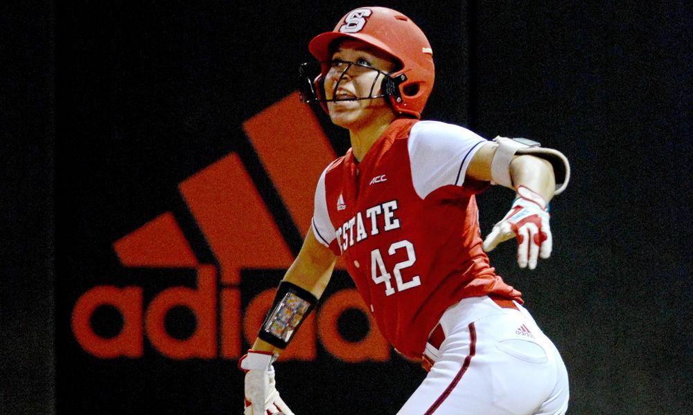 Sophomore outfielder Angie Rizzi looks in anticipation of a home run at Dail Softball Field on Friday, Oct. 19, 2018. The Wolfpack defeated Elon 7-4.