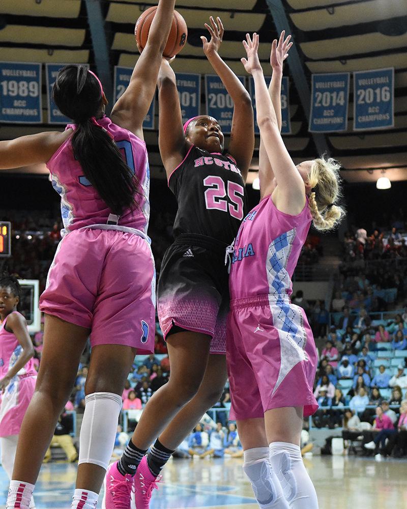 Sophomore forward Kayla Jones shoots the ball during the game against UNC-Chapel Hill on Sunday, Feb. 24, 2019 in Carmichael Arena. The Wolfpack beat the Tarheels 74-69.