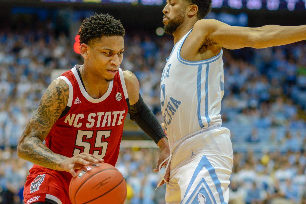 Sophomore guard Blake Harris attempts to drive to the net during the game versus UNC on Tuesday, Feb. 5 in the Dean E. Smith Center. The Wolfpack lost to the Tar Heels 113-96.