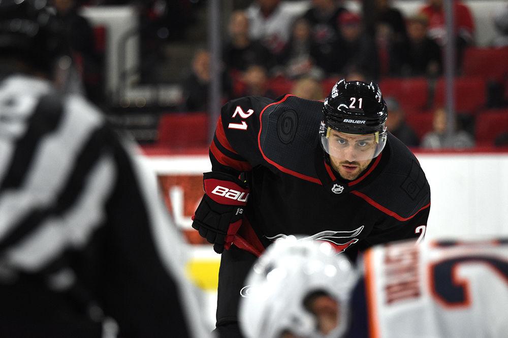 Right-winger Nino Niederreiter sets up for face off at the game against the Edmonton Oilers at PNC Arena on Feb. 15, 2019. Niederreiter scored two points during the game, the game opening goal and the game winning goal. The Canes beat the Oilers 3-1 at home.