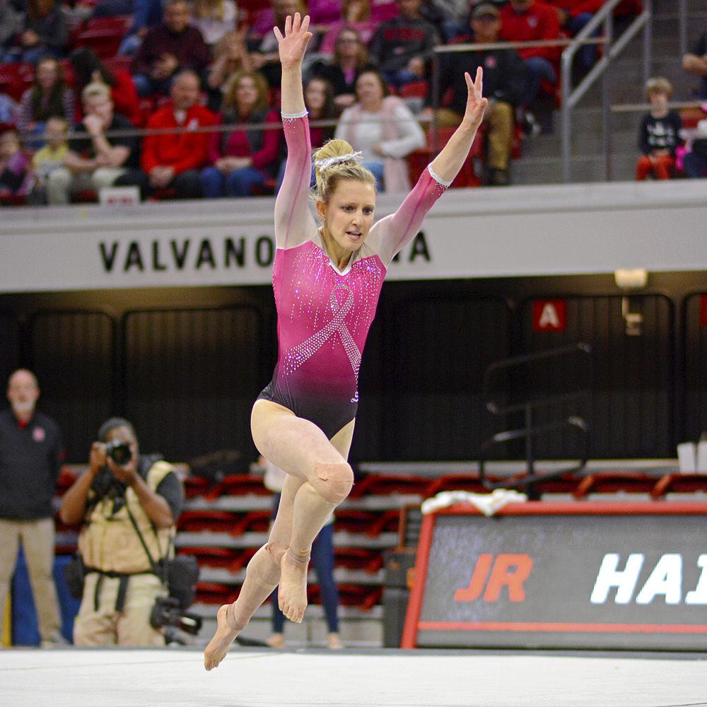 Junior Hailey Mesmer performs her floor routine against Pitt on Saturday, Feb. 9 at Reynolds Coliseum. The Wolfpack defeated the Panthers 196.400 to 194.825.