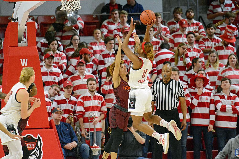 Graduate guard Kiara Leslie attacks the basket against Virginia Tech guard Taylor Emery on Sunday, Jan. 20 at Reynolds Coliseum. Leslie recorded a game-high 25 points along with seven rebounds in the Wolfpack&#8217;s 70-61 overtime win.