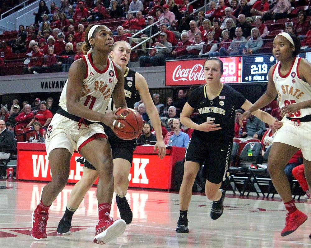 Kiara Leslie, a graduate guard, prepares to shoot a basket, at Reynolds Colleisum on Thursday, Feb 21, 2019. Wolfpack beat the Demon Deacons 80-46.