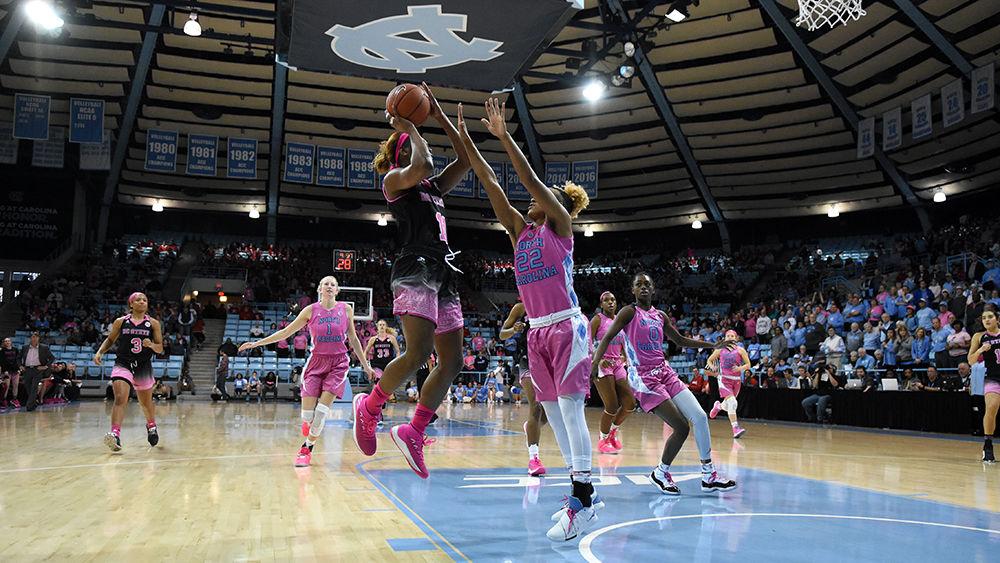 Graduate guard Kiara Leslie attempts a basket during the game against UNC-Chapel Hill on Sunday, Feb. 24, 2019 in Carmichael Arena. The Wolfpack beat the Tarheels 74-69.