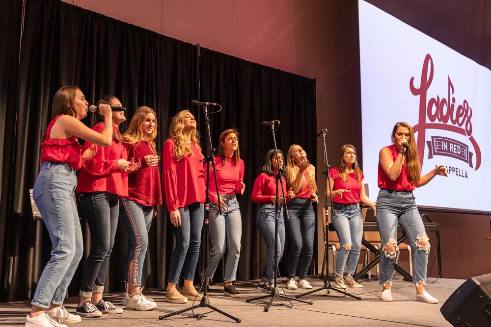 Members of Ladies in Red perform at&#160;Musical Empowerment Annual Showcase in Talley Student Union on Saturday, Feb. 9. Musical Empowerment is an organization that pairs a mentor with an elementary school aged student who would not otherwise have access to a music education.