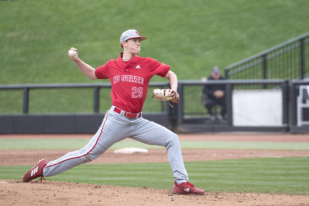 Sophomore pitcher Reid Johnston pitches to Michigan State University during day two of the Baseball at the Beach series in Conway, South Carolina, Saturday, Feb. 23. The Pack won in a shut out during regulation time, 5-0.&#160;