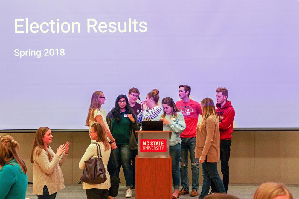 Members of the student government board of elections take the podium to reveal the election results on Tuesday, Feb. 27, 2018 in Talley Student Union. The results indicated a runoff between the Alberto Quiroga/Zach Lewis and Jess Errico/Meredith Spence Beaulieu tickets for student body president and vice president, which Errico and Spence Beaulieu ended up winning. This year&#8217;s elections will occur Tuesday, March 5.