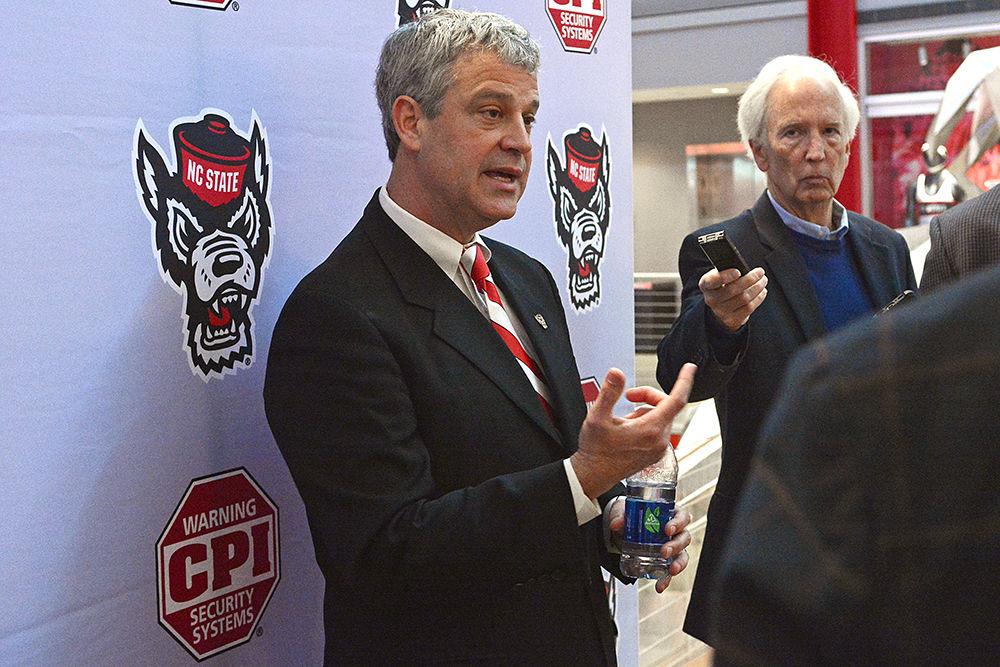 Boo Corrigan, NC State&#8217;s next director of athletics, speaks to the media after his introductory press conference on Thursday, Jan. 31 at Reynolds Coliseum. Corrigan will officially begin his new position on May 1.