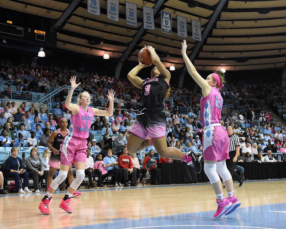 Sophomore guard Kai Crutchfield attempts a basket during the game against UNC-Chapel Hill on Sunday, Feb. 24, 2019 in Carmichael Arena. The Wolfpack beat the Tarheels 74-69.